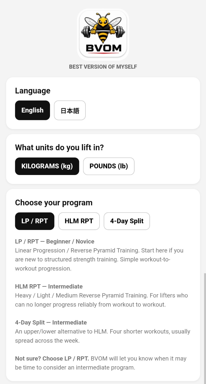 BVOM setup showing language, kilograms or pounds, and LP/RPT, HLM RPT and 4-Day Split program choices