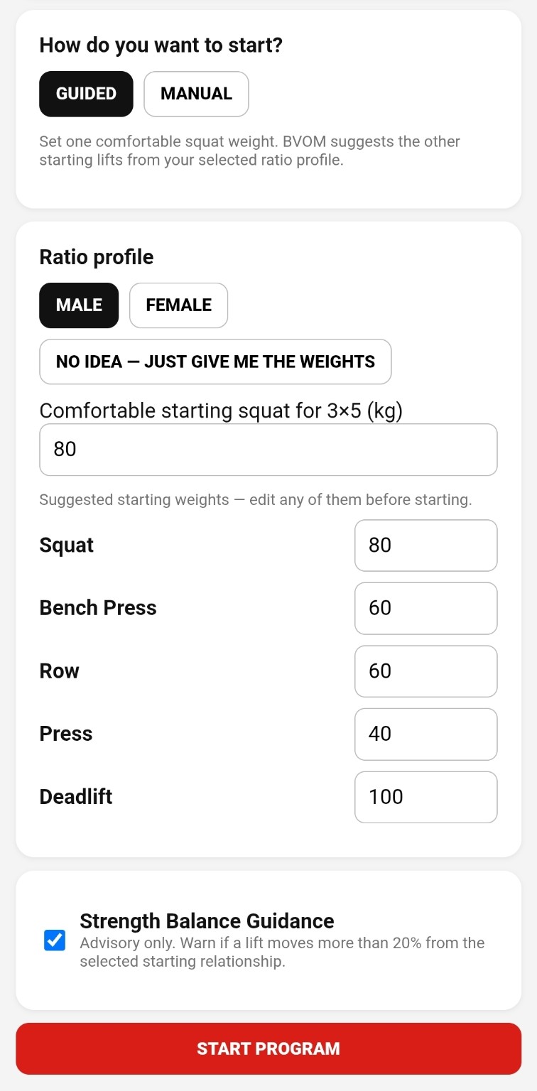 BVOM guided setup showing an 80 kilogram comfortable squat and balanced suggested starting weights