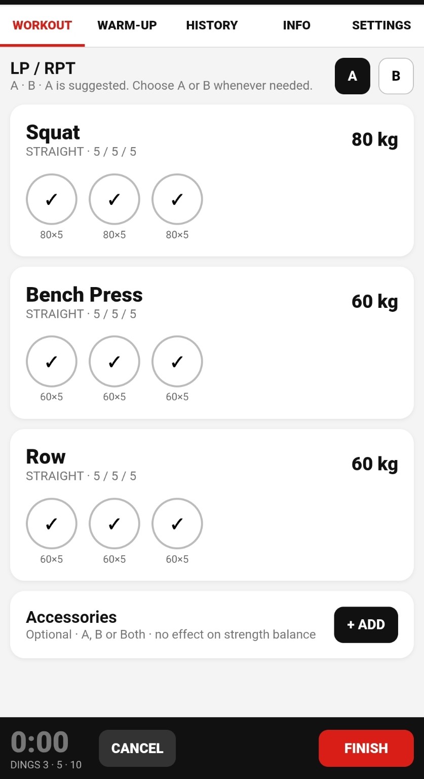 BVOM Workout A showing completed squat, bench press and row work sets plus optional accessories